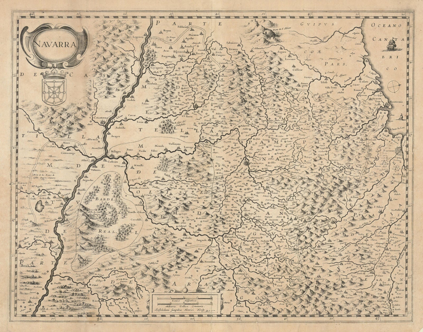Navarra. The Province of Navarre, Spain by Henricus Hondius c1636 old map